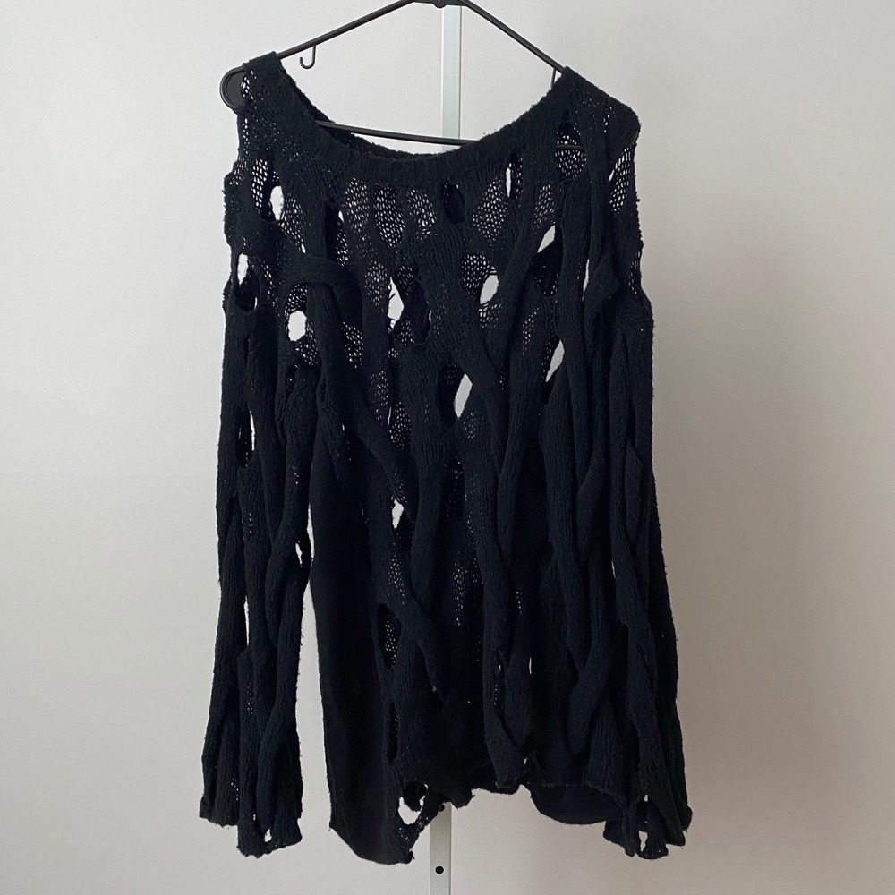 Inhabit Cotton Boho Witchy Open Knit Distressed Bell Sleeve Sweater XL Black